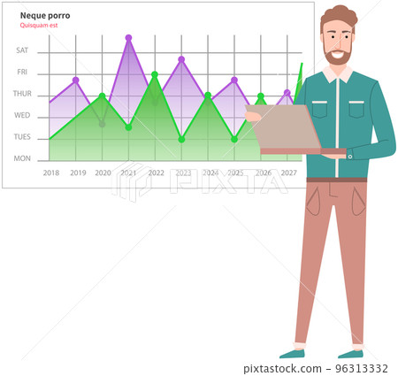 Man analyses digital report with data. Statistical indicators and graphic information visualization 96313332