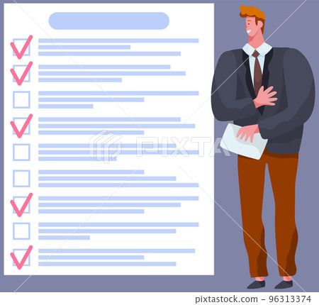 Month scheduling, to do list, time management. Businessman stands near checklist and planning Month scheduling, to do list, time management. Businessman stands near checklist and planning 96313374