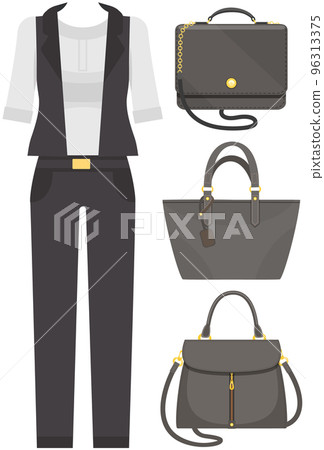 Set of trendy women s clothes. Outfit of woman jacket, blouse, pants and accessories handbags 96313375