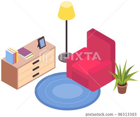Living room design. Interior and arrangement of furniture in apartment armchair, nightstand, lamp Living room design. Interior and arrangement of furniture in apartment armchair, nightstand, lamp 96313383