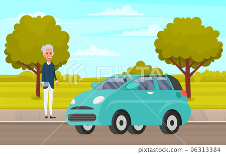 Pensioner, retired lady with handbag in her hand near small car for women, hatchback, transport Pensioner, retired lady with handbag in her hand near small car for women, hatchback, transport 96313384