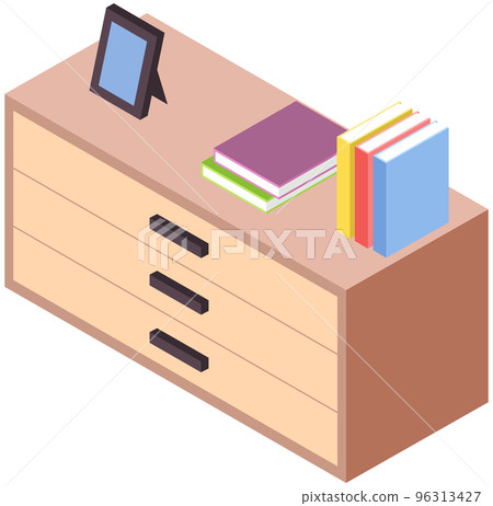 Books and decorations on chest of drawers. Wooden commode, element of home interior design Books and decorations on chest of drawers. Wooden commode, element of home interior design 96313427