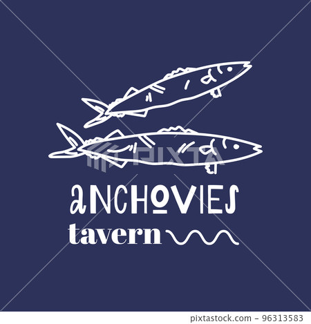 Logo template with anchovies for fish restaurant or tavern on blue background Logo template with anchovies for fish restaurant or tavern on blue background 96313583