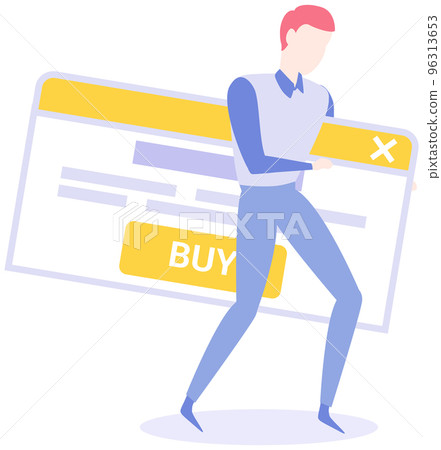 Man holding website page template for online shopping. Buy button, making purchase via Internet 96313653