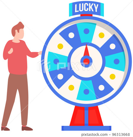 Game fortune wheel concept. Man playing risk game with fortune wheel and lottery isolated on white Game fortune wheel concept. Man playing risk game with fortune wheel and lottery isolated on white 96313668