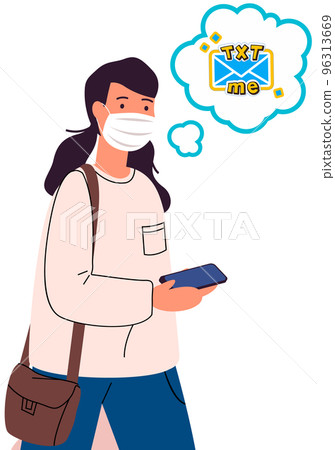 Lady with text me lettering in speech bubble. Girl in protective face mask chatting with smartphone Lady with text me lettering in speech bubble. Girl in protective face mask chatting with smartphone 96313669