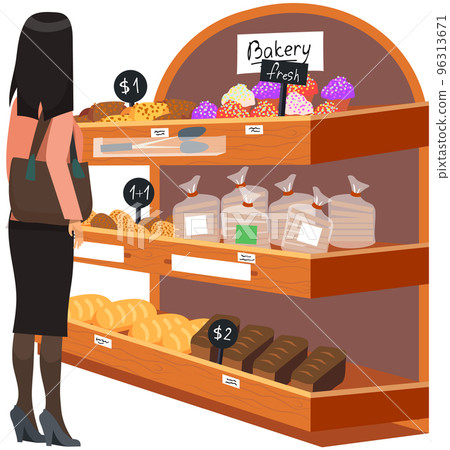 Lady looking at bakery in hypermarket. Woman with shopping cart chooses pastries at grocery store 96313671