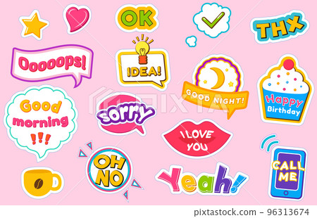 Cartoon style patch badges with text, comic icons, colorful sticker pack background pattern 96313674
