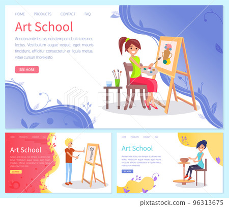 Artists painting pieces of art, creating clay products. Art school classes of drawing, pottery Artists painting pieces of art, creating clay products. Art school classes of drawing, pottery 96313675