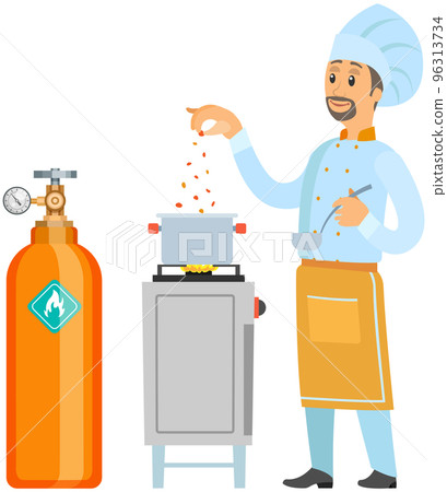 Chef using stove with burners for cooking powered by gas supplied from container with substance 96313734
