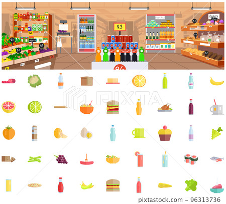 Supermarket interior, grocery shop and different types of food, dishes. Various departments of store 96313736