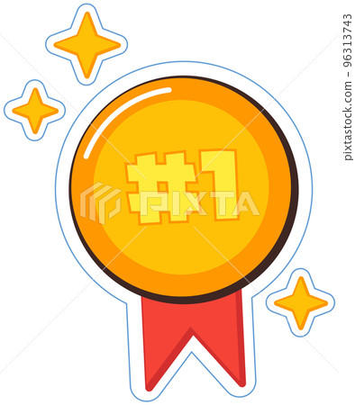 Stick, symbol of victory for mobile app, banner. Gold medal sticker with red ribbon, winning prize Stick, symbol of victory for mobile app, banner. Gold medal sticker with red ribbon, winning prize 96313743