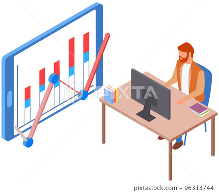 Businessman with laptop studies statistics. Male character is taking an online business course Businessman with laptop studies statistics. Male character is taking an online business course 96313744