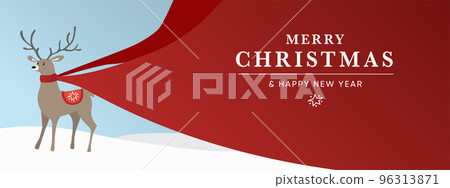 Merry Christmas and Happy New Year greeting card, invitation. Festive winter vector background for web banner, print. Reindeer, snow and red scarf. Cute wild animal. Flat design cartoon illustration. 96313871