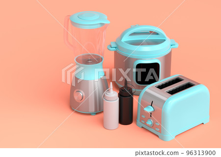 Toaster, kettle with kitchen utensil for preparation of breakfast on coral Toaster, kettle with kitchen utensil for preparation of breakfast on coral 96313900
