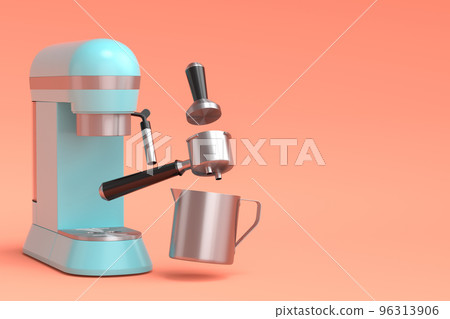 Espresso coffee machine with horn and geyser coffee maker on coral background. 96313906