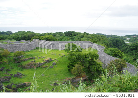 Nakijin Castle stone wall and sea Nakijin Castle stone wall and sea 96313921