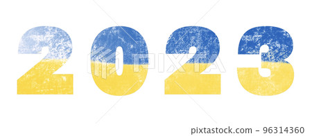 Lettering 2023 as blue-yellow abstract background on a white background Lettering 2023 as blue-yellow abstract background on a white background 96314360