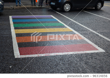 Rainbow lgbt pedestrian crosswalk, Colourful colored crossroad, Symbol of gay, Lesbian, Bisexual and transgender. LGBT social movements. 96314856