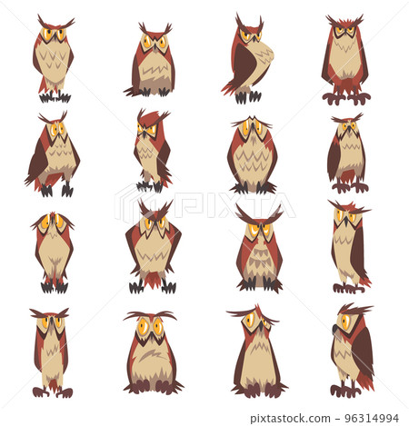 Feathered Owl with Big Yellow Eyes and Sharp Talon in Sitting Pose Big Vector Set 96314994