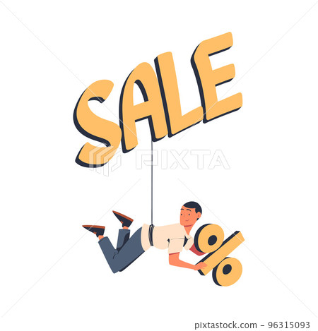 Man Character Hanging on Discount Hook with Percentage Sign Vector Illustration 96315093