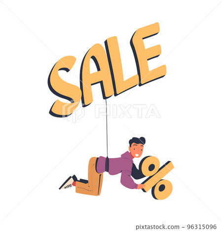 Man Character Hanging on Discount Hook with Percentage Sign Vector Illustration 96315096