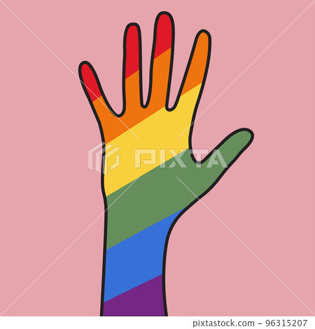 LGBT flag and raised hand. Open hand. Rainbow flag. Vector illustration 96315207