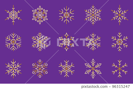Snowflake gold xmas outline icon set. Christmas frosty beautiful ornament. Holiday decoration linear symbol. Frost december element sign. Winter time geometric snow flakes crystal flat pictogram Snowflake gold xmas outline icon set. Christmas frosty beautiful ornament. Holiday decoration linear symbol. Frost december element sign. Winter time geometric snow flakes crystal flat pictogram 96315247