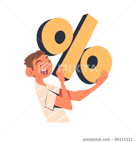 Young Man Character Enjoying Discount Holding Percentage Sign Vector Illustration 96315321