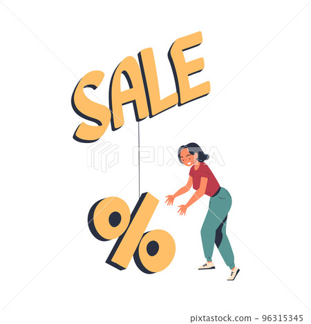 Woman Character Chasing After Discount Percentage Sign on Hook Vector Illustration 96315345