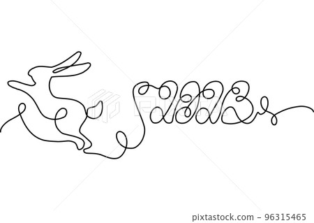 2023. A stylized handwritten lettering and an image of a jumping rabbit in one solid line. Lettering 96315465