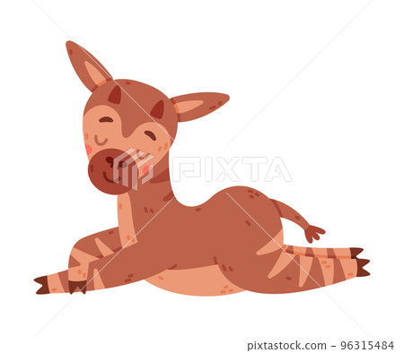 Cute sleepy baby okapi lying on ground. Funny wild African animal character cartoon vector illustration Cute sleepy baby okapi lying on ground. Funny wild African animal character cartoon vector illustration 96315484