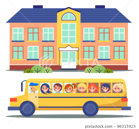 School bus, vector illustration of a school bus with driver and happy school kids on the road School bus, vector illustration of a school bus with driver and happy school kids on the road 96315923