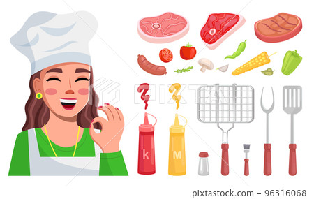 Female cook shows ok, meat, spices, side dish, grill mesh, kitchen appliances. Food Blog. Flat image 96316068