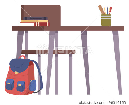 Student s school desk with stack of books and a pen holder in cartoon style. Back to school concept 96316163