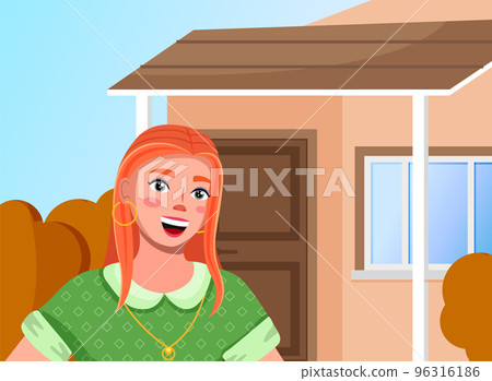 Red haired young girl video blogging on the private house background. Video chatting, streaming 96316186