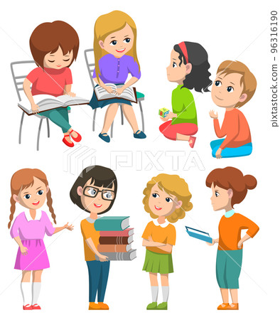 Schoolkids with Books and Teacher on Lesson Vector Schoolkids with Books and Teacher on Lesson Vector 96316190