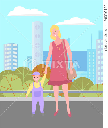 Young mom and her son walking in the city square. Trees, buildings, skyscrapers background 96316191