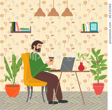 Man sitting at a table in the room, surfing the Internet. Social media network communication Man sitting at a table in the room, surfing the Internet. Social media network communication 96316369