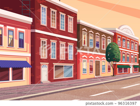 Street of town cartoon illustration of the historic city area. Cityscape with vintage brick building 96316397
