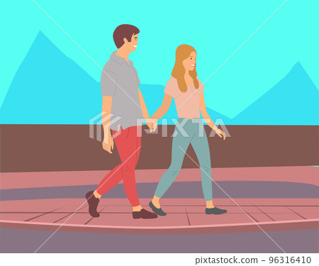 Couple walking in a park. Young guy and girl holding hands walking in summer alley, romantic walk 96316410