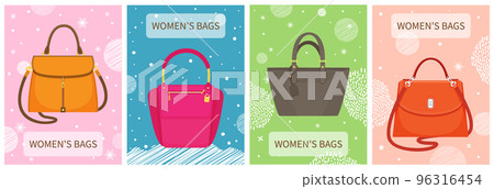 Set of women bag vector poster on multicolored backgrounds, stylish handbag, female accessories 96316454