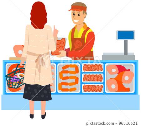 Woman with grocery basket chooses meat steak in street food market, butcher shop with salesman 96316521