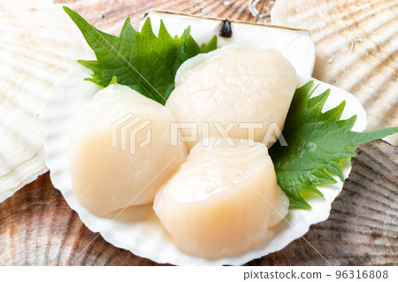 扇貝生魚片放在扇貝殼上。 扇貝生魚片放在扇貝殼上。 96316808