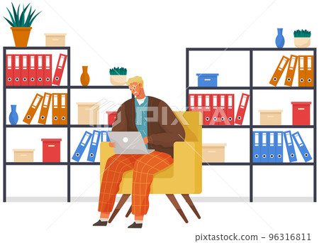 Working male character employee in office sitting with computer typing on keyboard communicating 96316811