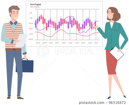 Presenters show statistical indicators and data on diagram. Colleagues giving presentation of report 96316872