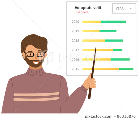 Male presenter shows statistical indicators and data on diagram. Man giving presentation of report Male presenter shows statistical indicators and data on diagram. Man giving presentation of report 96316876