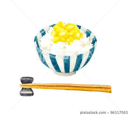 米飯淋上煎蛋和筷子日本手繪水彩插畫素材 96317083