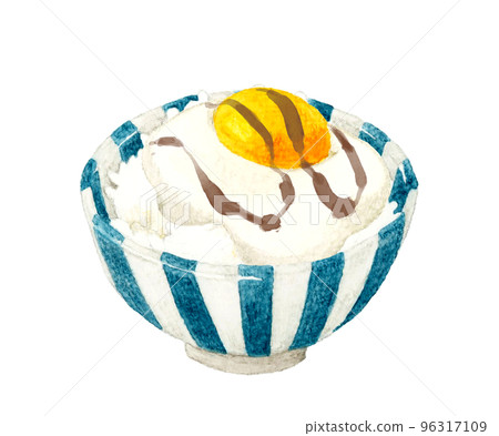 Rice topped with egg yolk and grated yam Japanese hand-painted watercolor illustration material 96317109