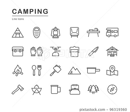 Line drawing icon set of camping equipment Line drawing icon set of camping equipment 96319360